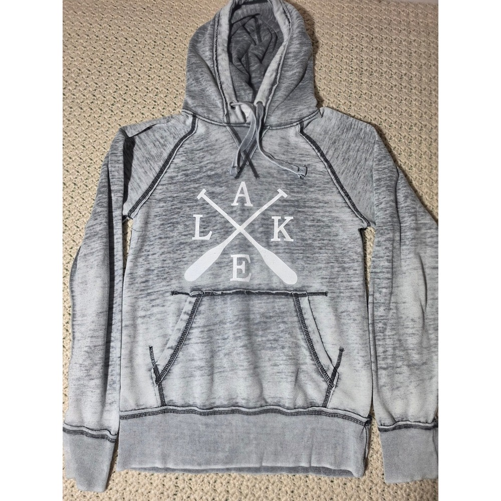 J. America Hoodie Womens Small Gray Excellent Zen Fleece Acid Wash Lake Oars